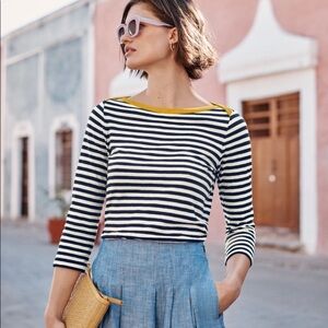Boden Navy White Stripe Georgia Breton Cotton Boatneck 3/4 Sleeve Top Women 2XL